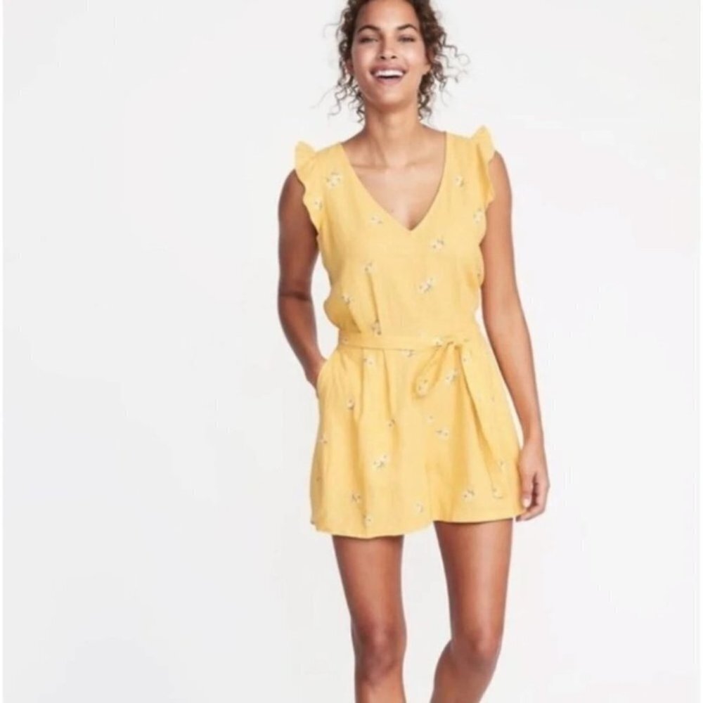 Old Navy Yellow Floral Linen Blend V-Neck Romper - Picture 2 of 6